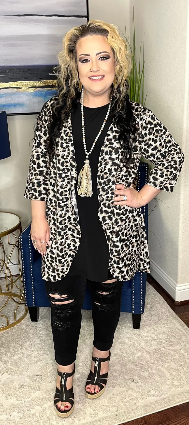 Beige Leopard Drape Front Cardigan