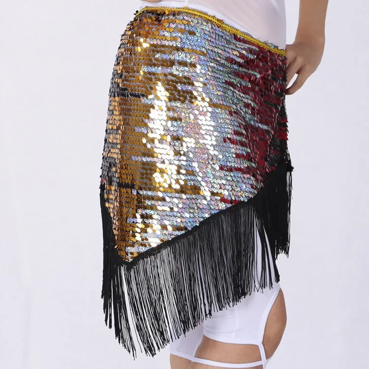 Belly Dance Triangle Hip Scarf Shining Indian Ombre Sequin Fringe Wrap Skirt Belt Party Club Stage Costumes