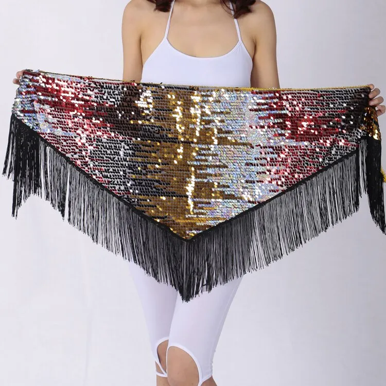 Belly Dance Triangle Hip Scarf Shining Indian Ombre Sequin Fringe Wrap Skirt Belt Party Club Stage Costumes