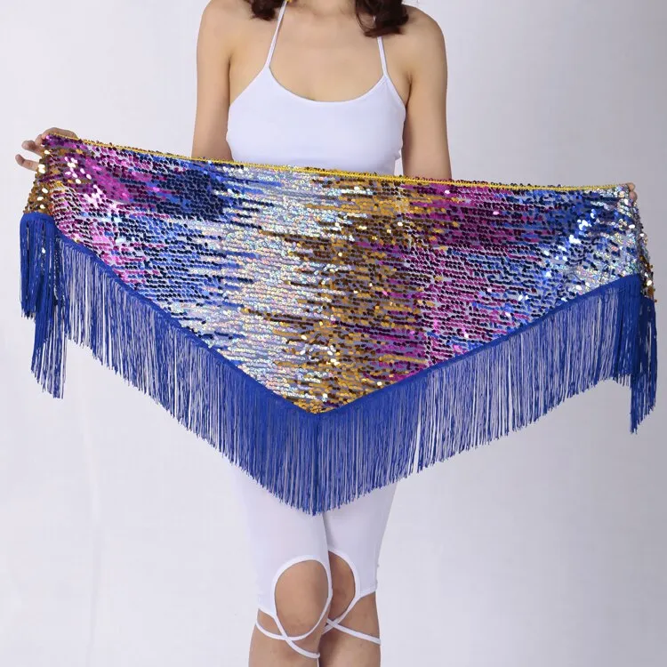 Belly Dance Triangle Hip Scarf Shining Indian Ombre Sequin Fringe Wrap Skirt Belt Party Club Stage Costumes