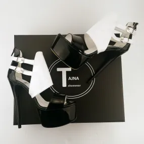 Belted Black White Ankle High Heel Platforms