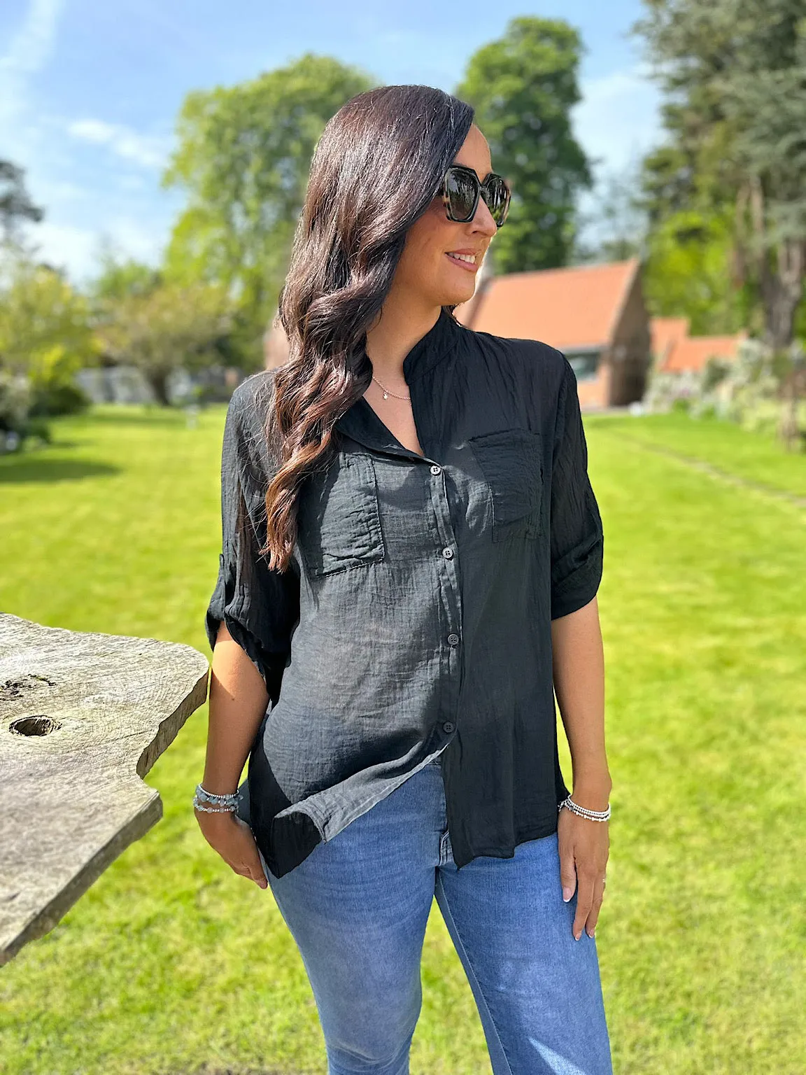 Black Lightweight Top Pocket Shirt Hannah