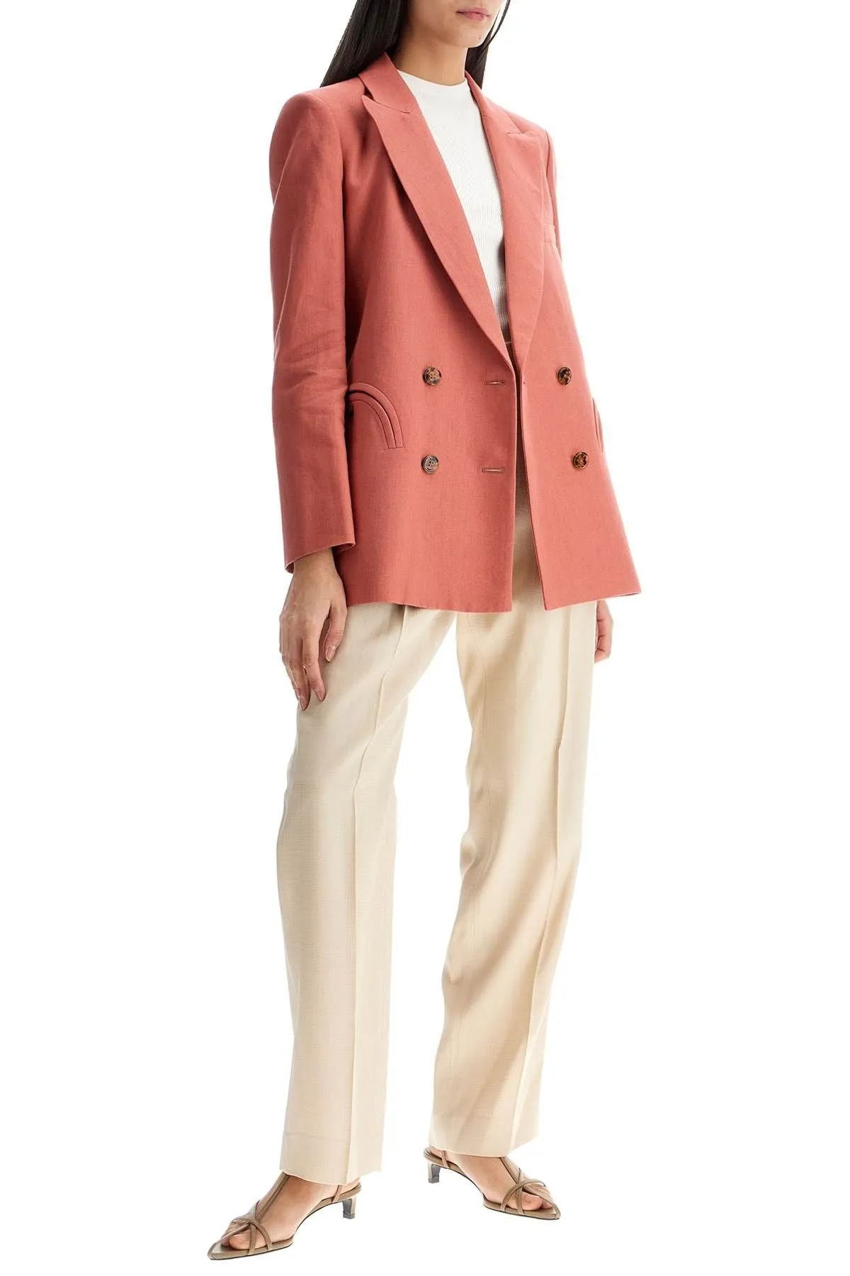 Blaze Milano Coral Linen Single Breasted Blazer With Turtle Style Buttons