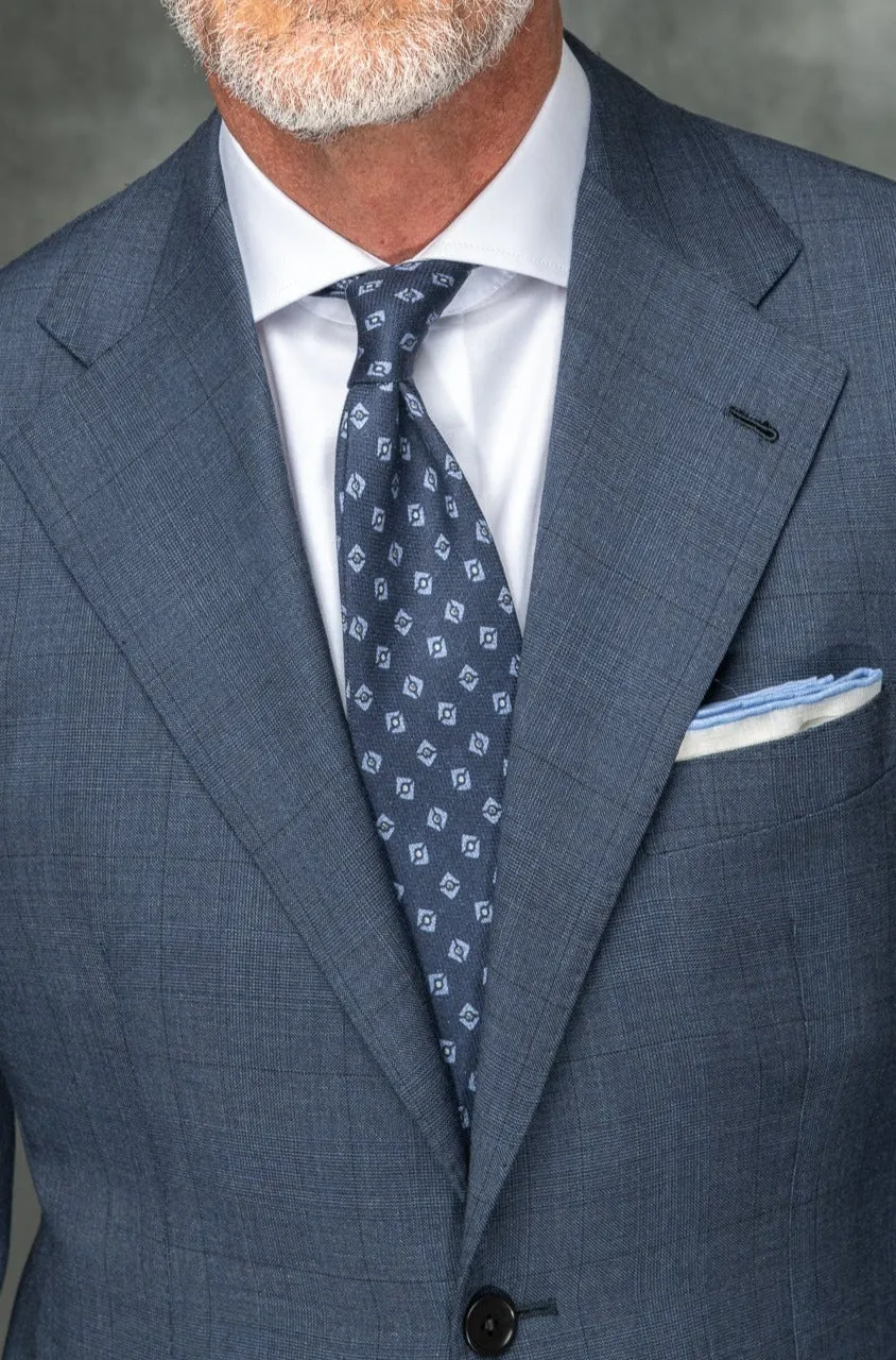 Blue Avio Prince of Wales Full Canvas suit in Loro Piana Wool - Made in Italy