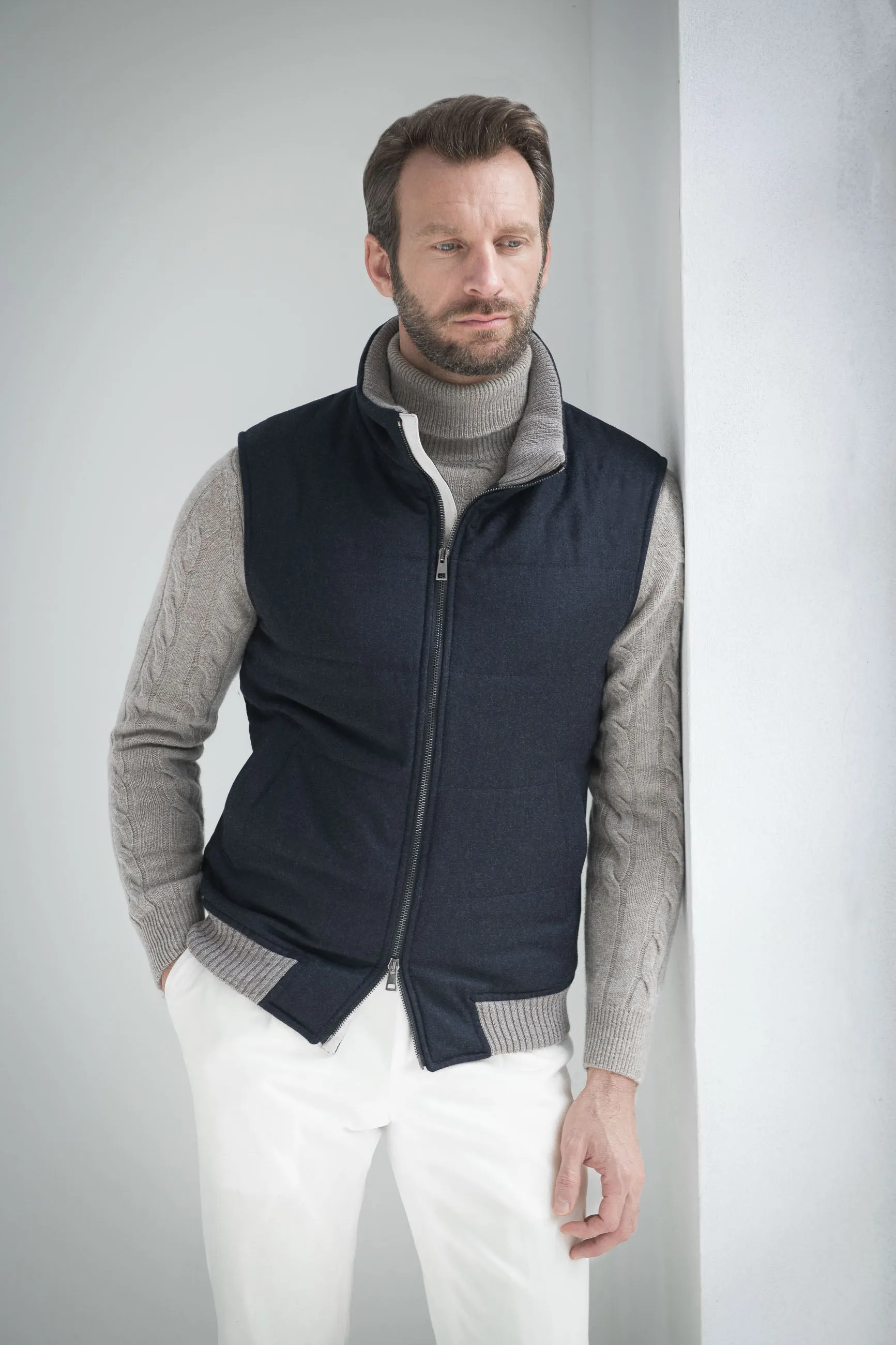 Blue down vest in Loro Piana wool – Made in Italy