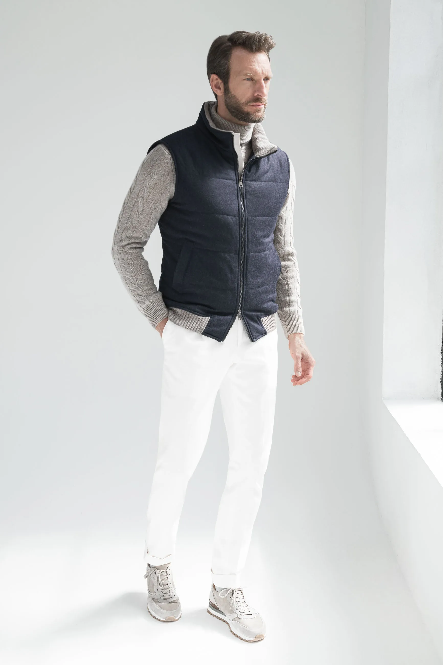 Blue down vest in Loro Piana wool – Made in Italy