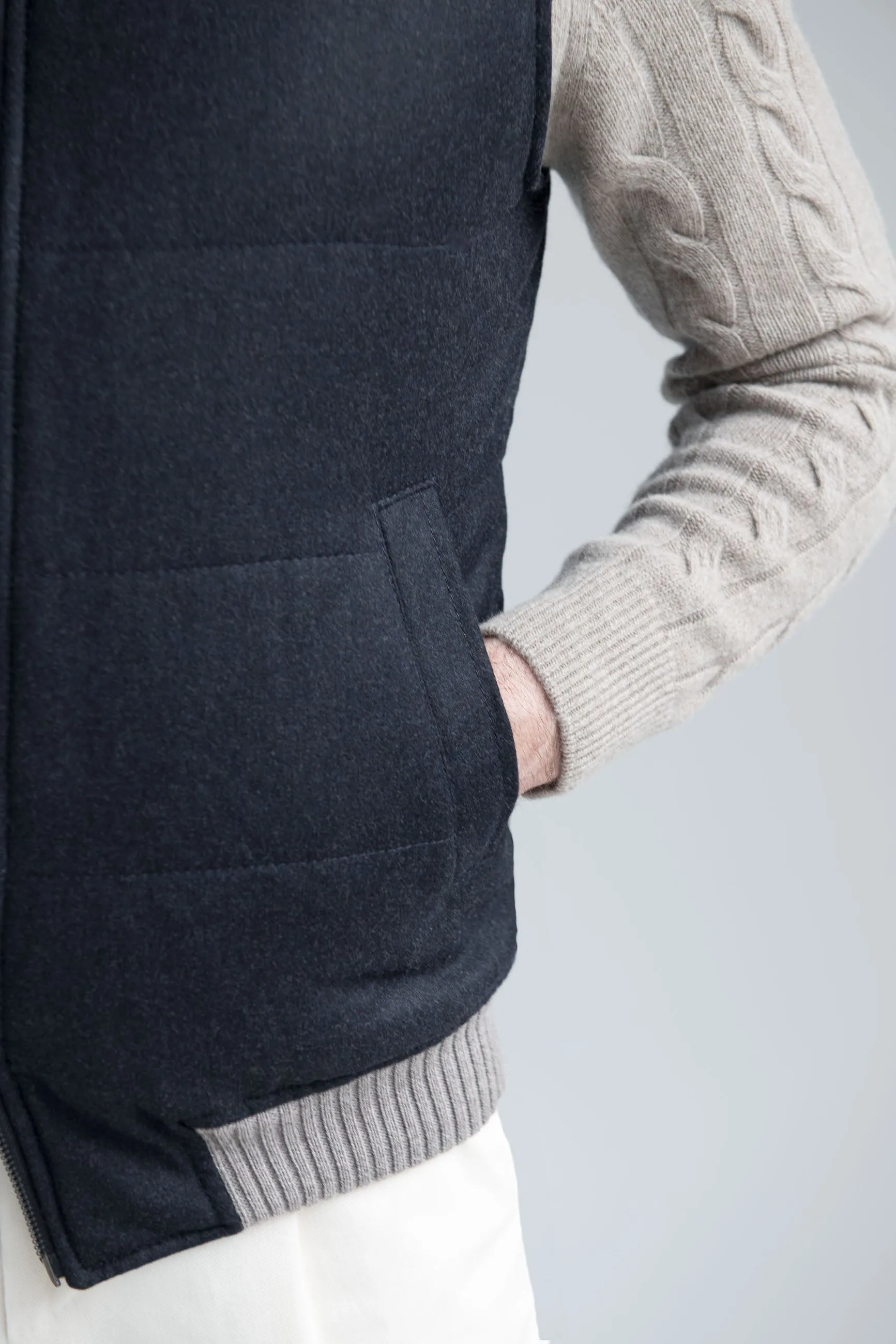 Blue down vest in Loro Piana wool – Made in Italy