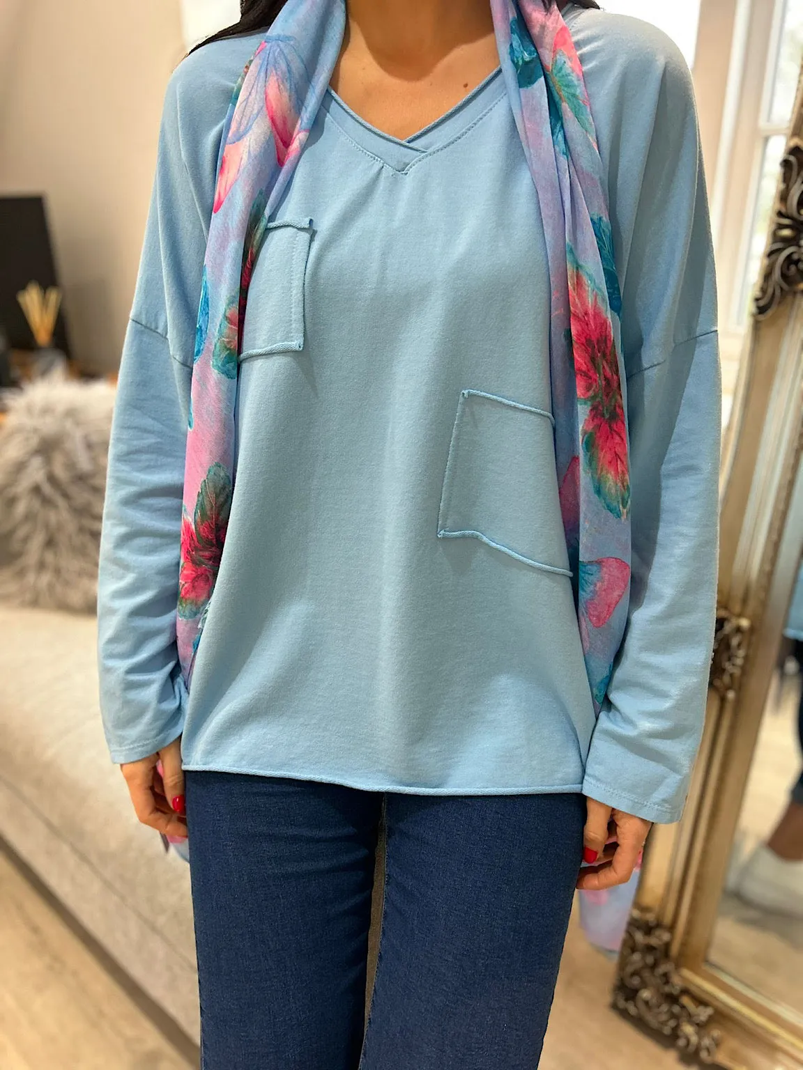 Blue Long Sleeve Cross V Neck Top Tori