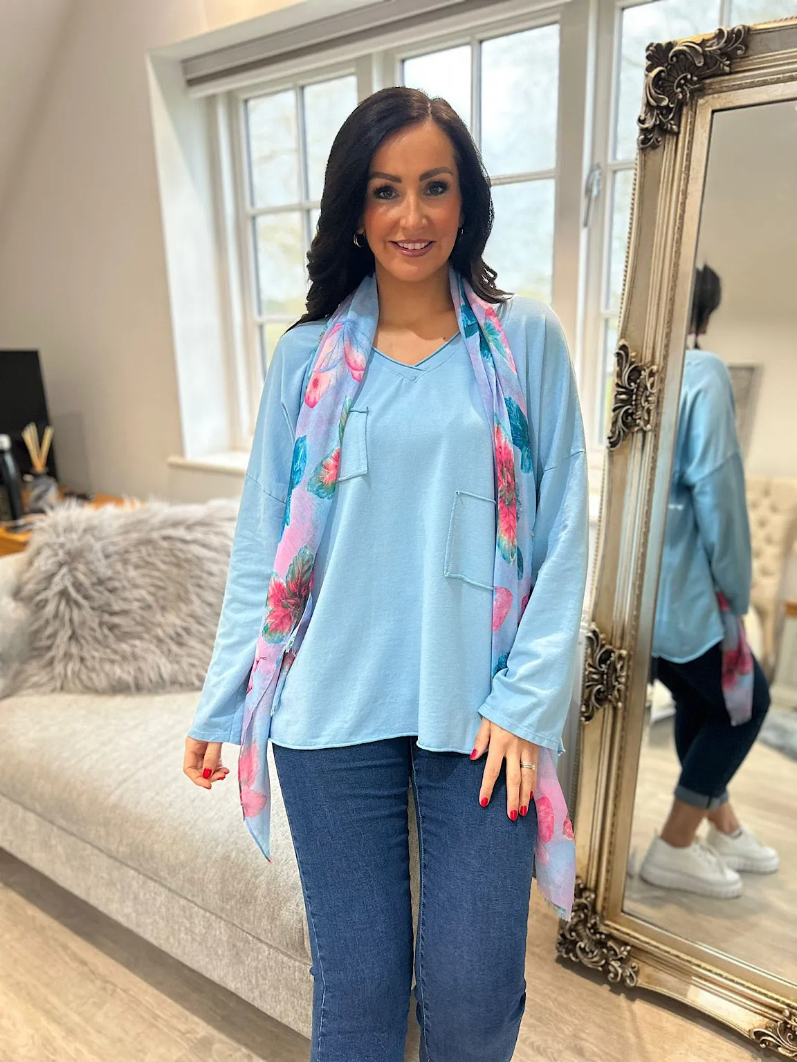 Blue Long Sleeve Cross V Neck Top Tori