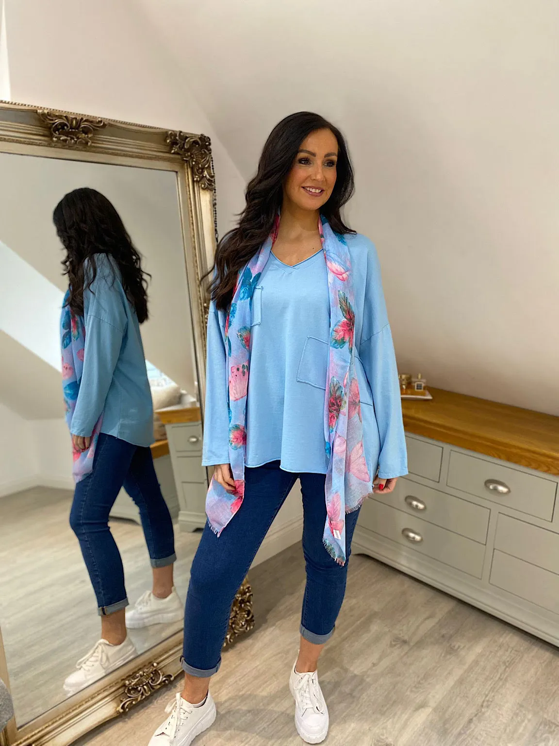 Blue Long Sleeve Cross V Neck Top Tori