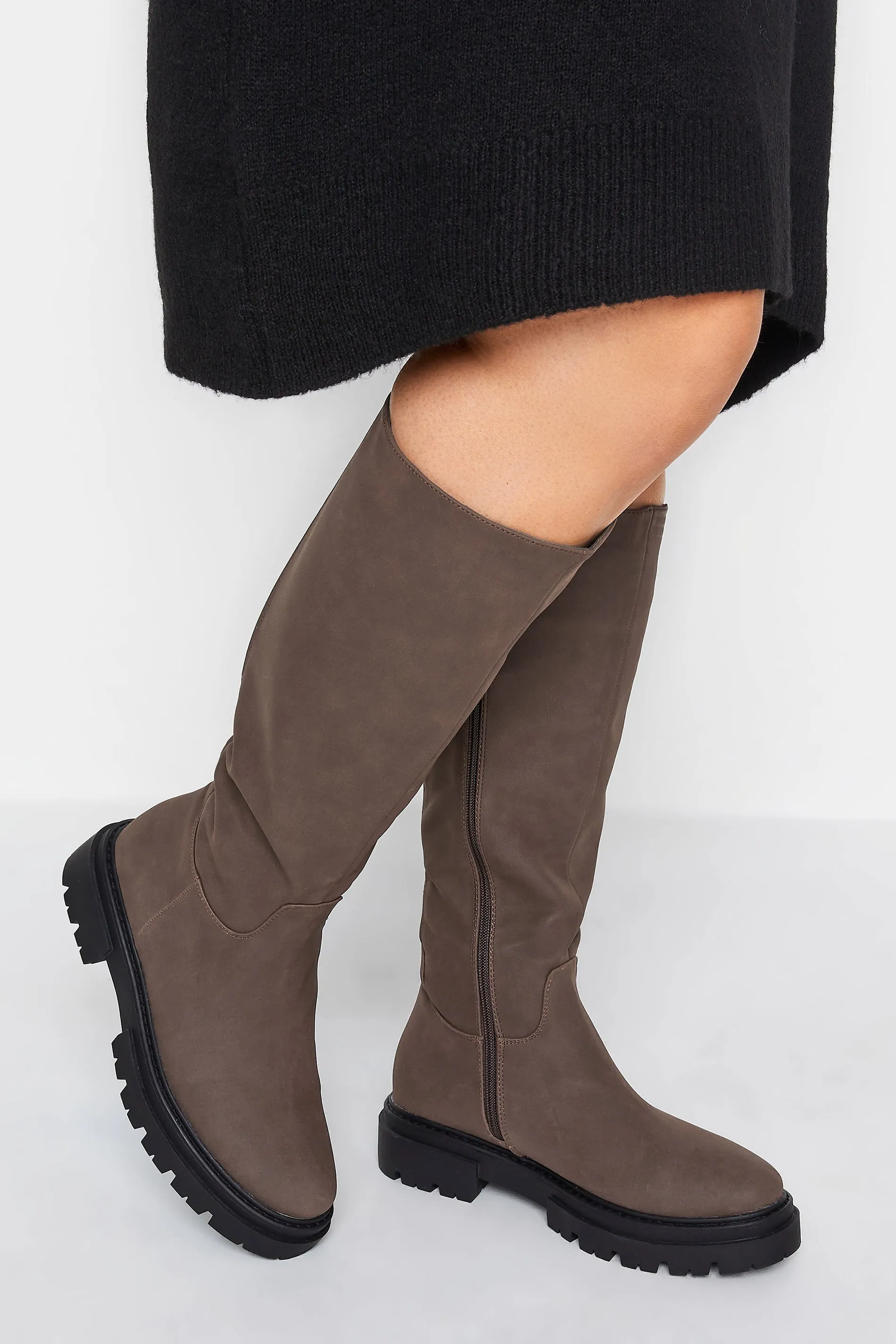 Brown Chunky Calf Boots In Wide E Fit & Wide EEE Fit