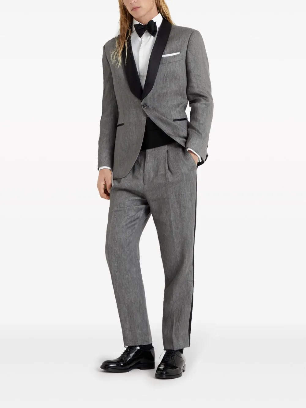 BRUNELLO CUCINELLI Men's Gray Linen Smoking Suit with Scarf Lapels and Sustainable Materials for SS24