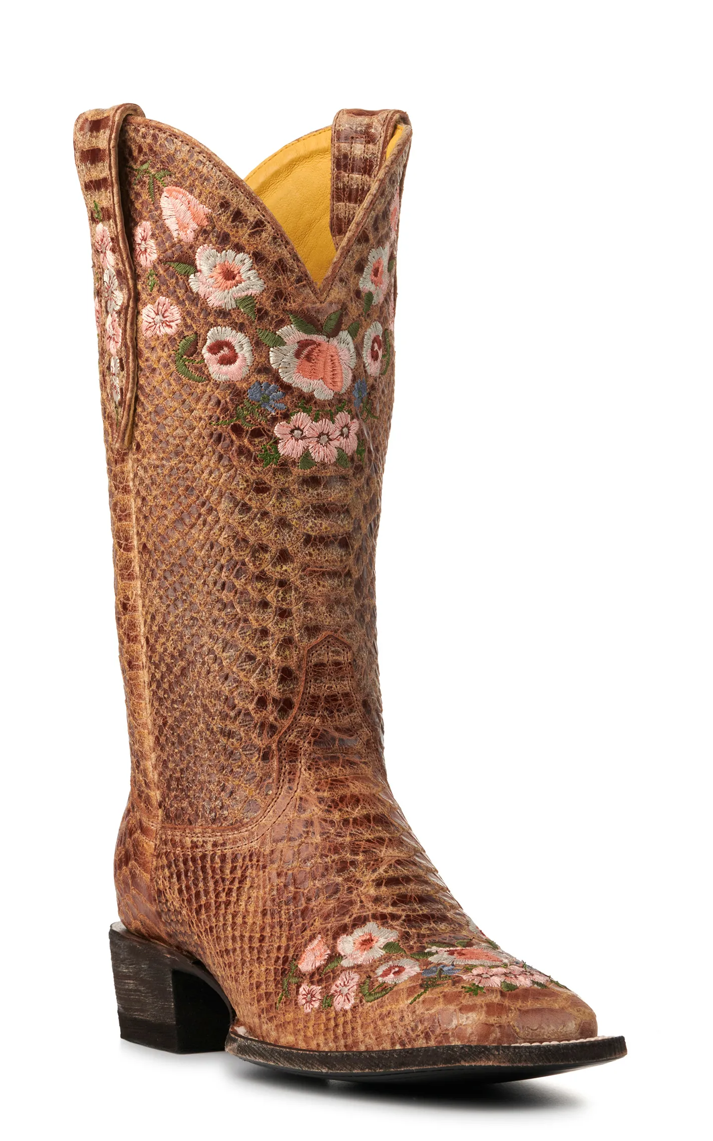 Cavender's Women's Cognac Rattlesnake Print with Floral Embroidery Wide Square Toe Cowboy Boots