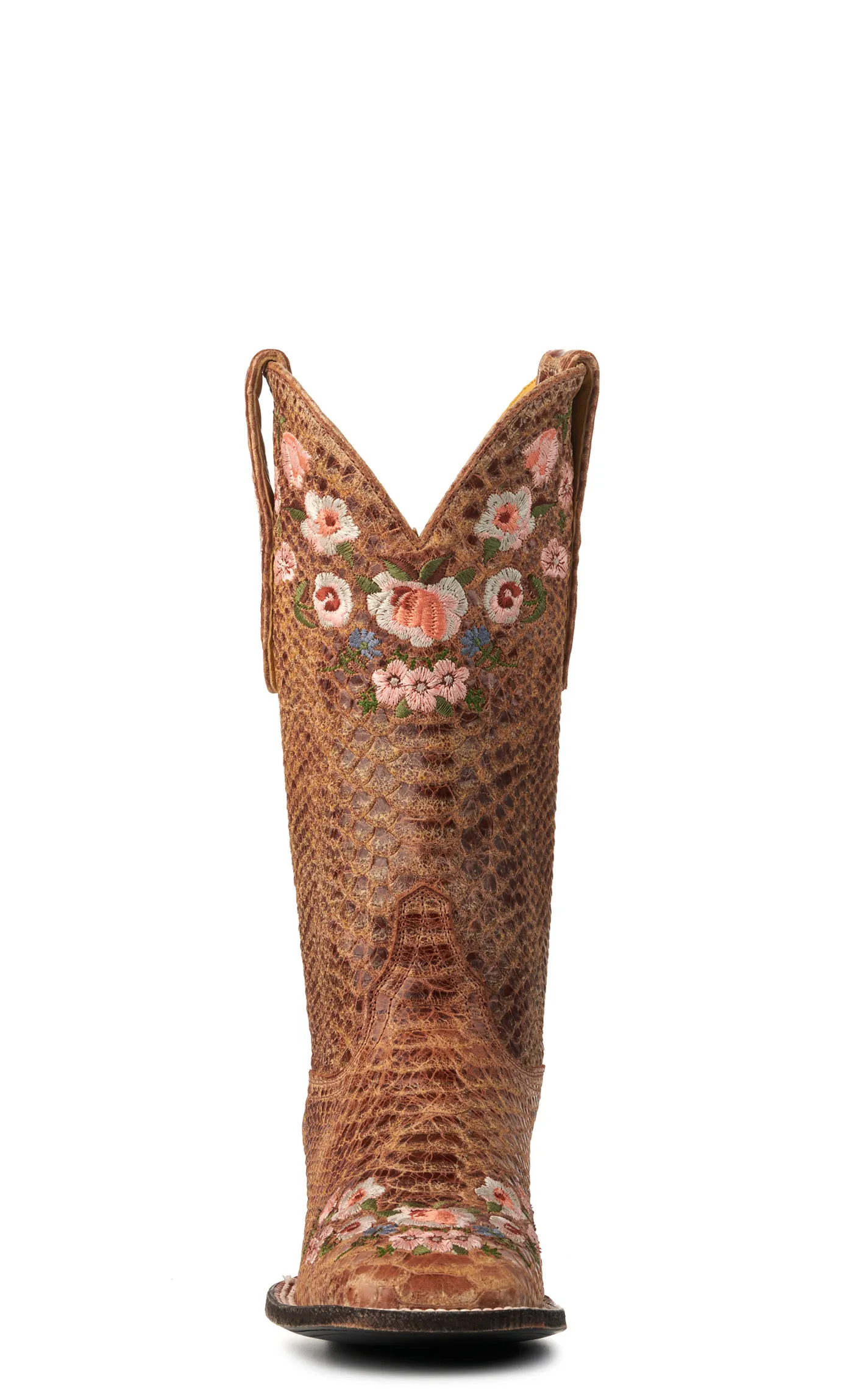 Cavender's Women's Cognac Rattlesnake Print with Floral Embroidery Wide Square Toe Cowboy Boots