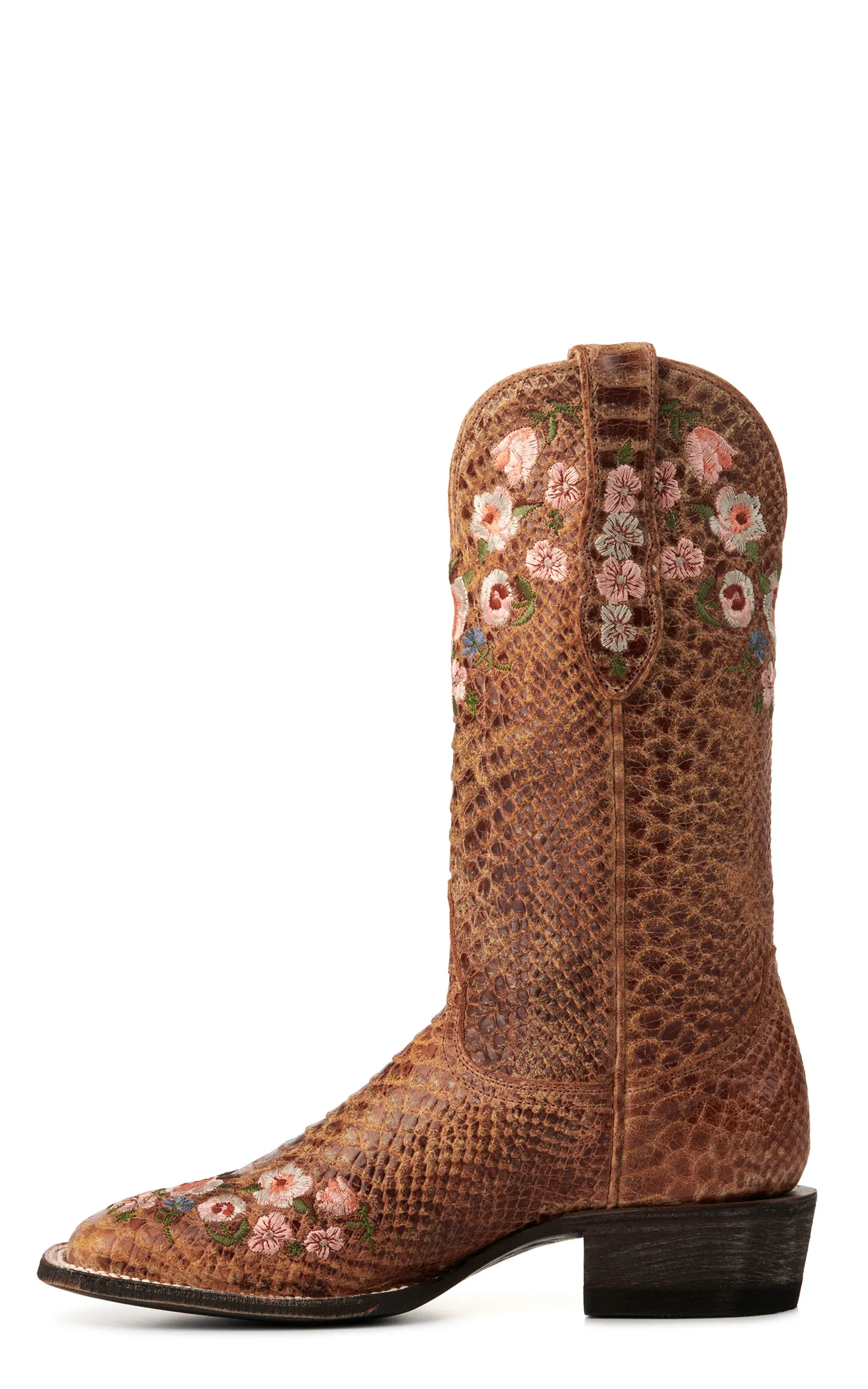 Cavender's Women's Cognac Rattlesnake Print with Floral Embroidery Wide Square Toe Cowboy Boots