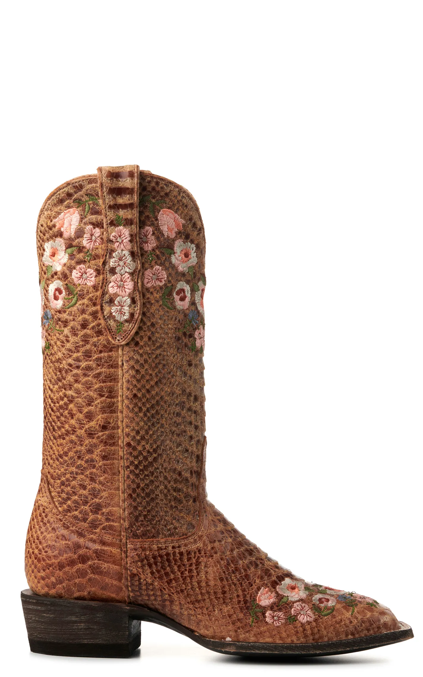 Cavender's Women's Cognac Rattlesnake Print with Floral Embroidery Wide Square Toe Cowboy Boots