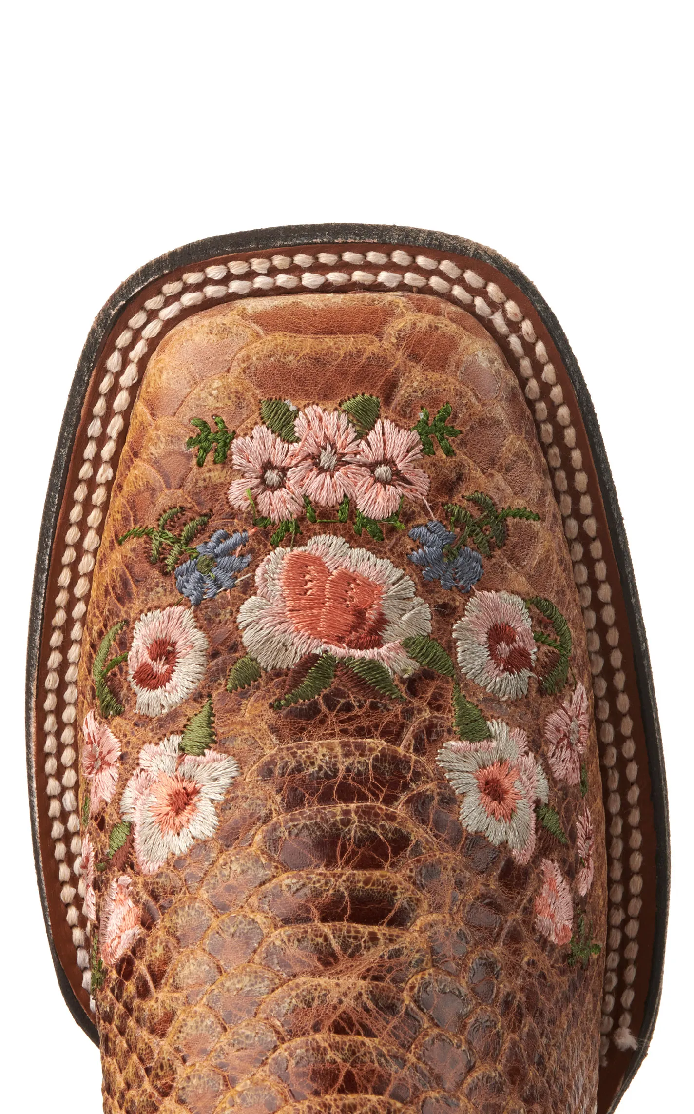 Cavender's Women's Cognac Rattlesnake Print with Floral Embroidery Wide Square Toe Cowboy Boots