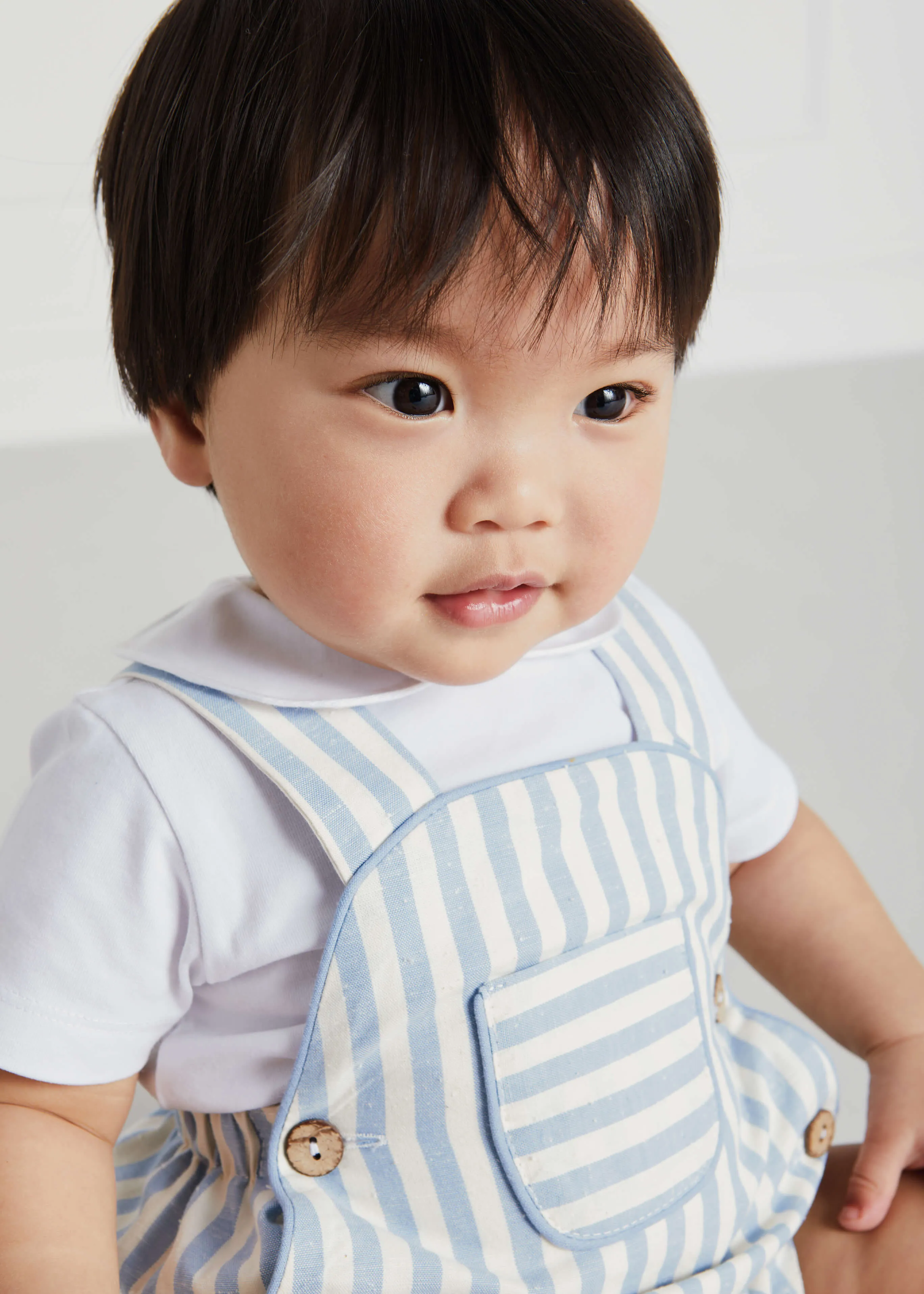 Chunky Stripe Pocket Front Dungaree Romper in Blue (3-18mths)