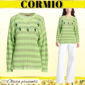 CORMIO  |Crew Neck Stripes Casual Style Linen Long Sleeves