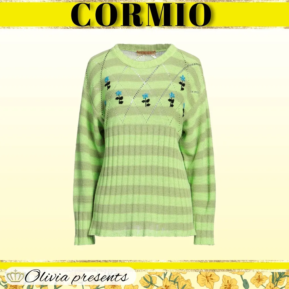 CORMIO  |Crew Neck Stripes Casual Style Linen Long Sleeves