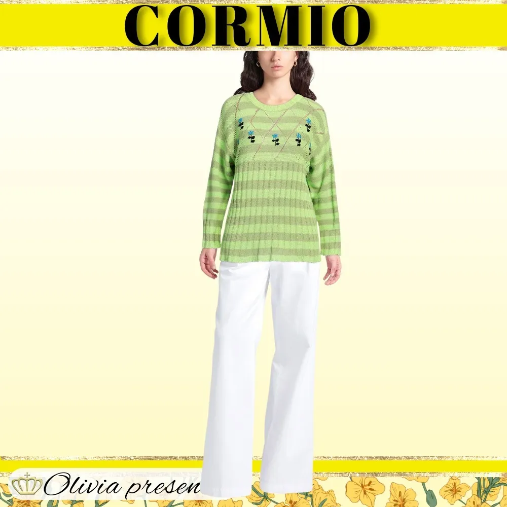 CORMIO  |Crew Neck Stripes Casual Style Linen Long Sleeves