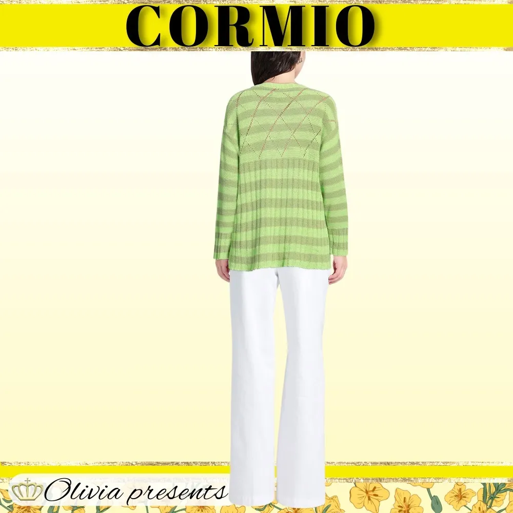 CORMIO  |Crew Neck Stripes Casual Style Linen Long Sleeves