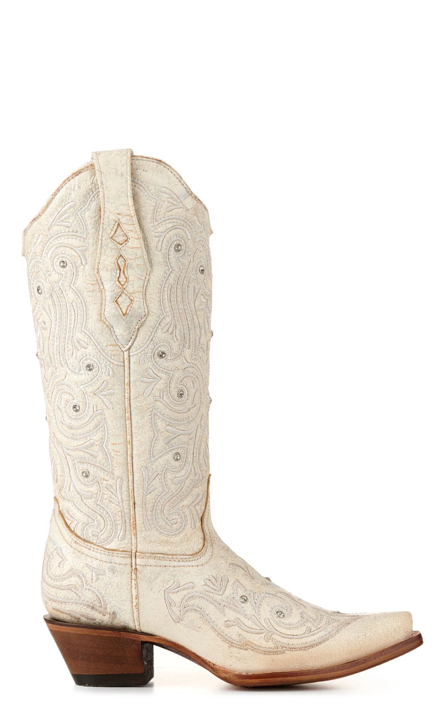 Corral Women's Bone with Embroidery and Crystals Snip Toe Cowboy Boots