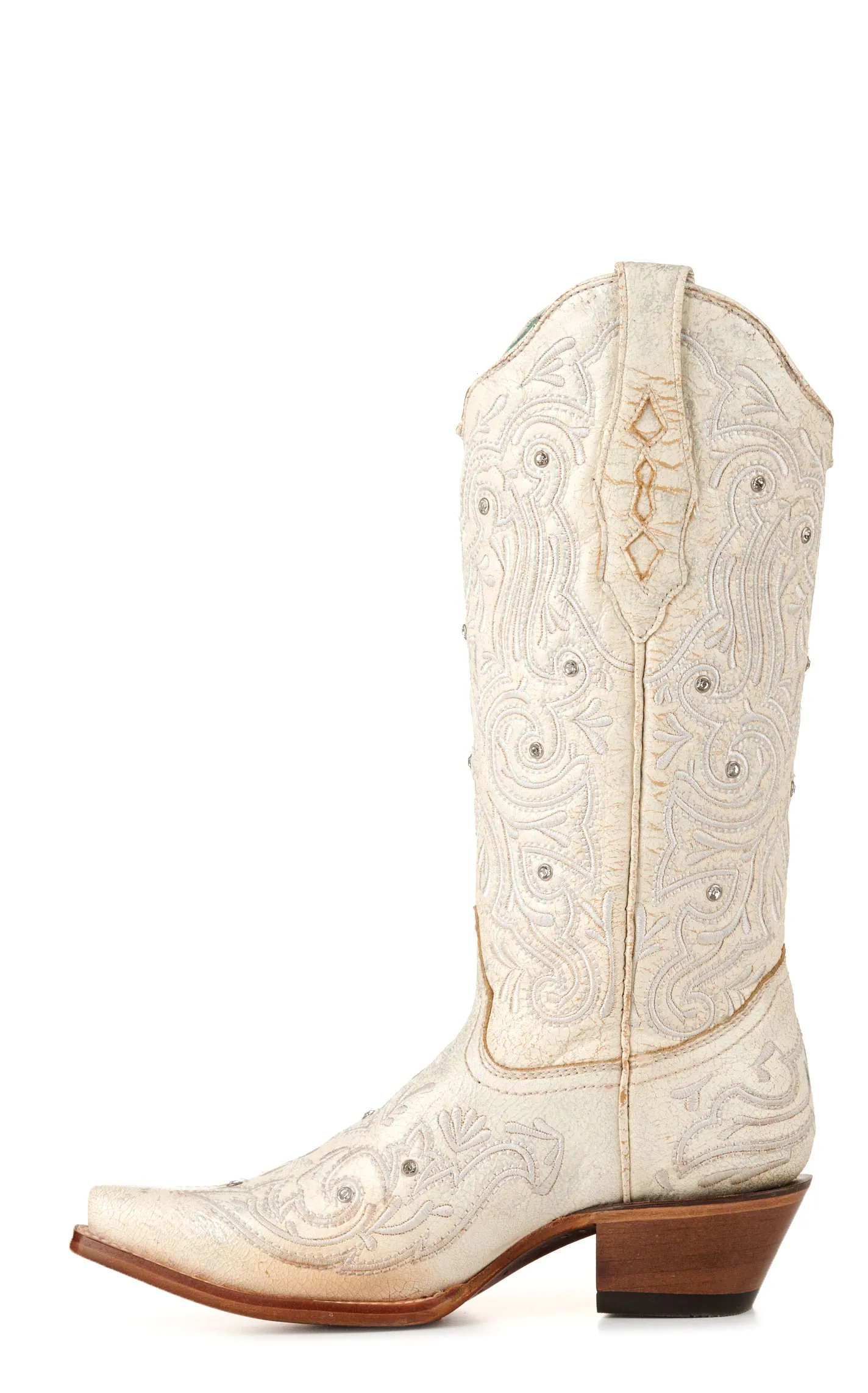 Corral Women's Bone with Embroidery and Crystals Snip Toe Cowboy Boots