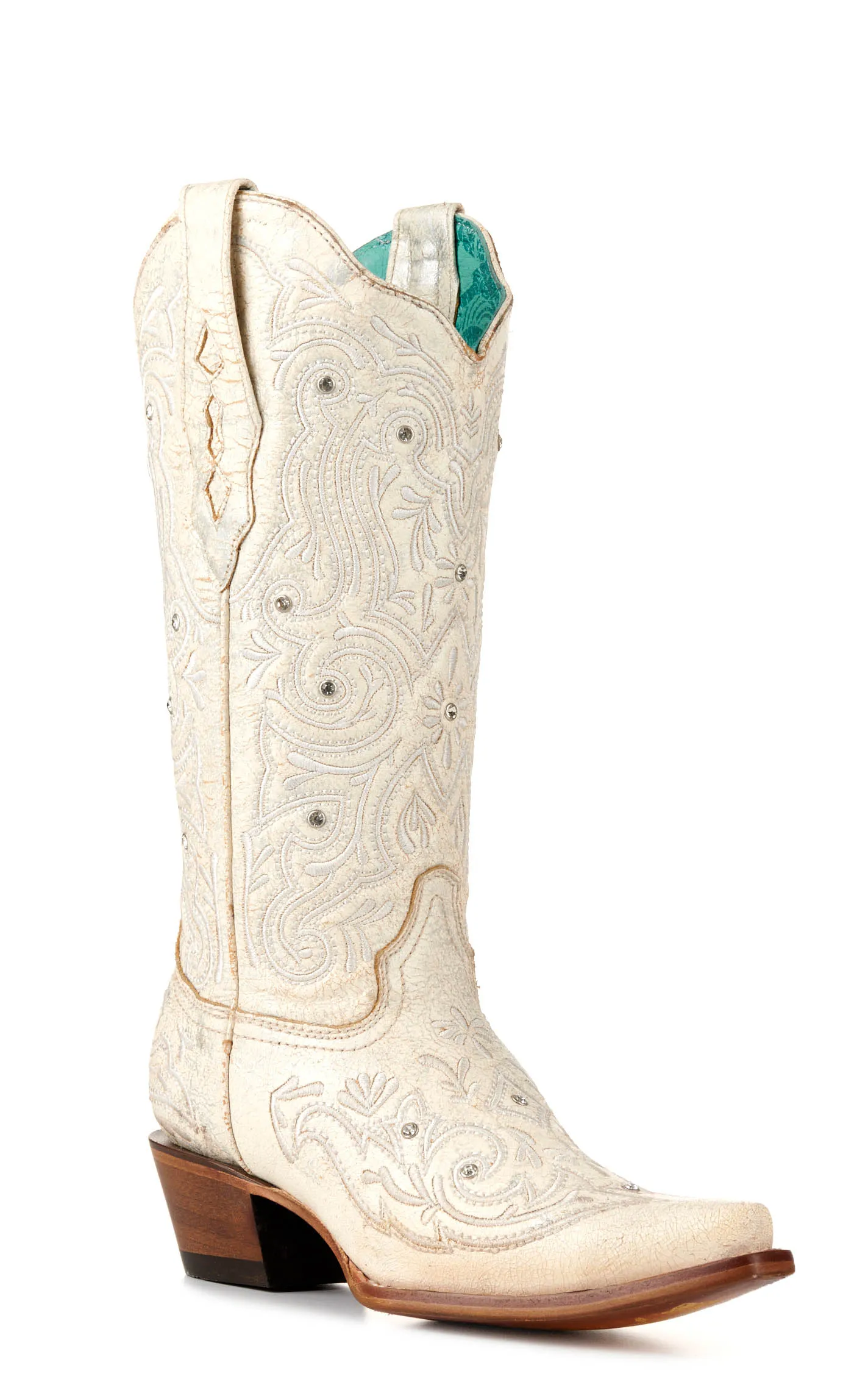 Corral Women's Bone with Embroidery and Crystals Snip Toe Cowboy Boots