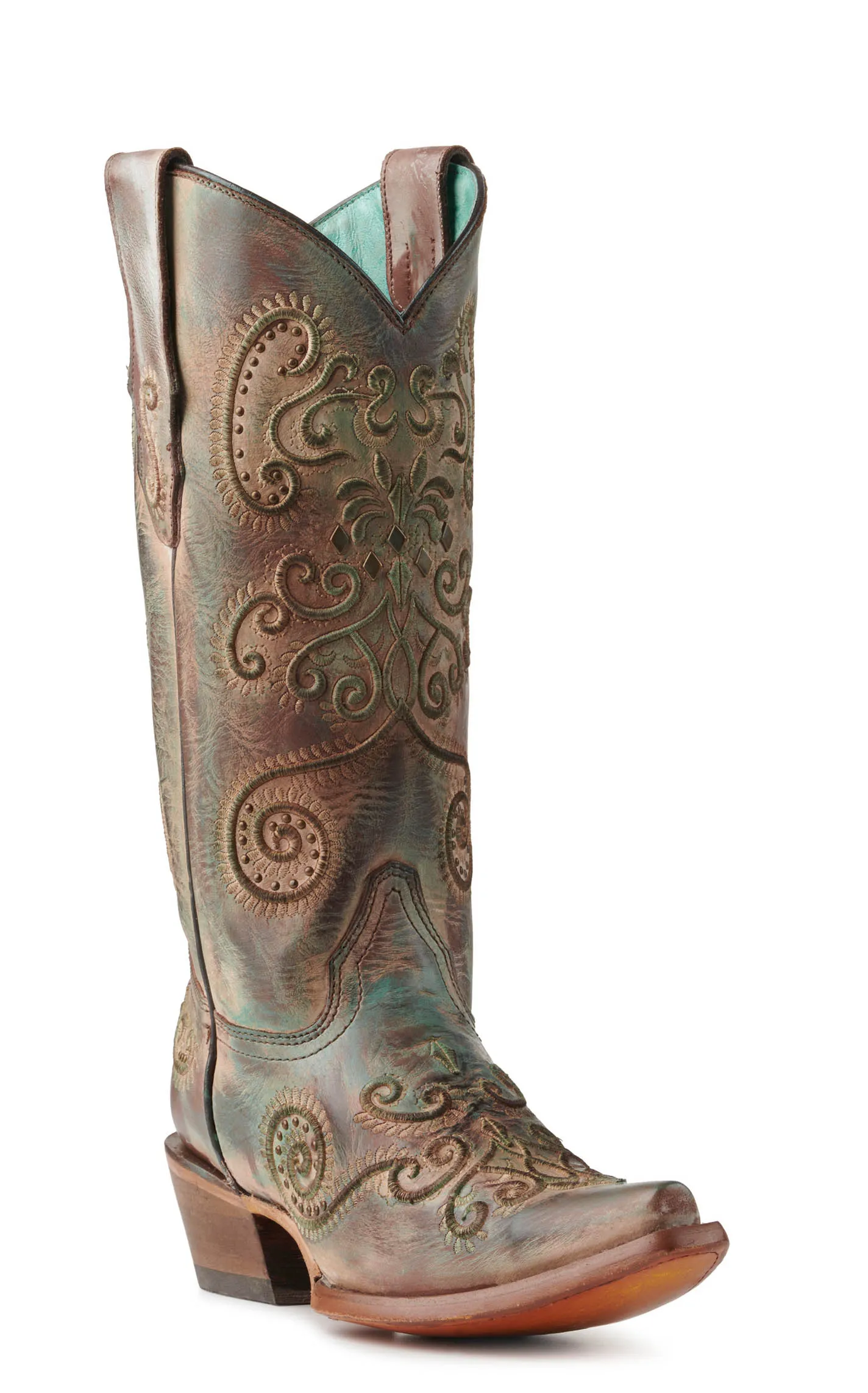 Corral Women's Turquoise and Brown with Swirl Embroidery Snip Toe Cowboy Boots