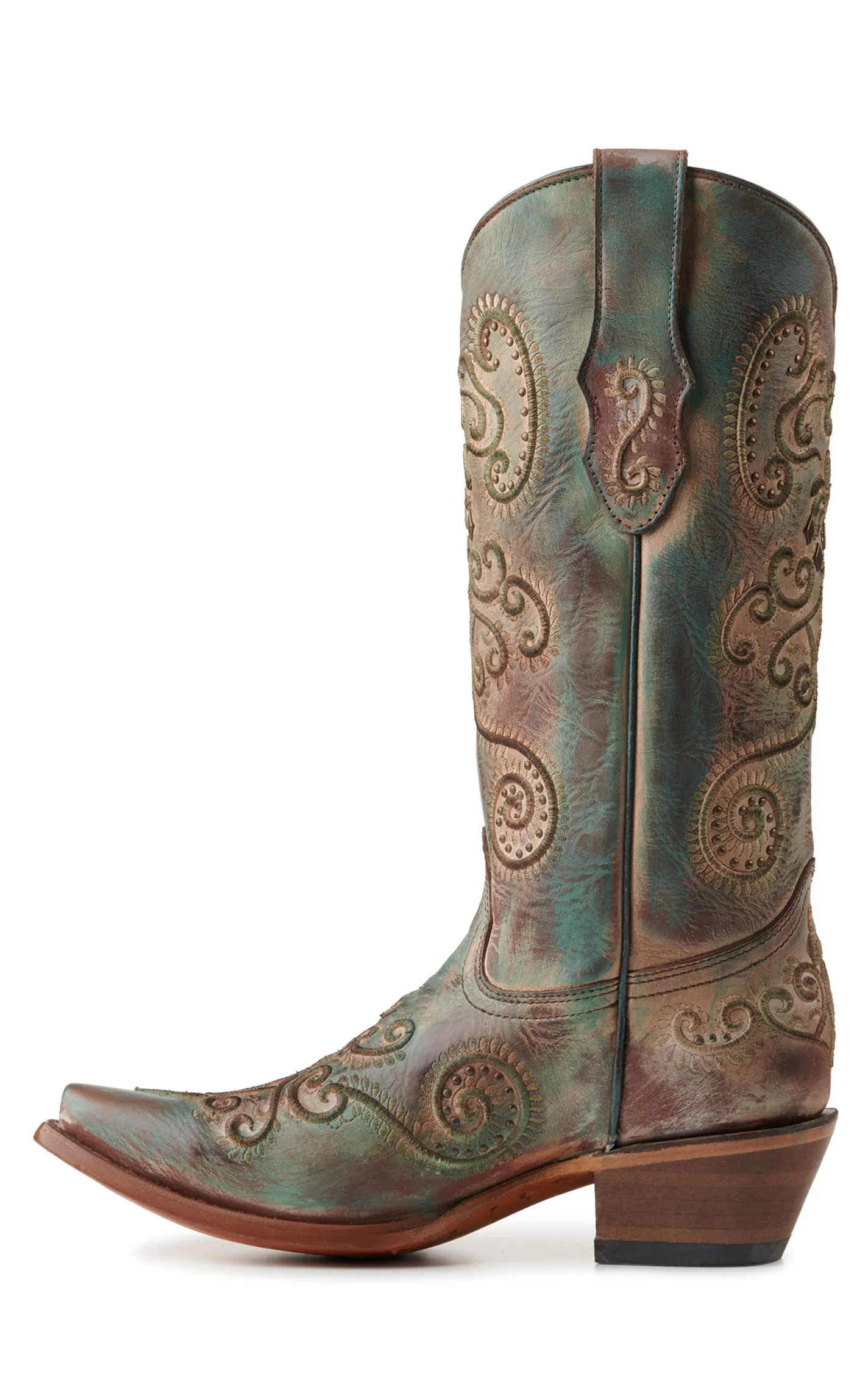 Corral Women's Turquoise and Brown with Swirl Embroidery Snip Toe Cowboy Boots