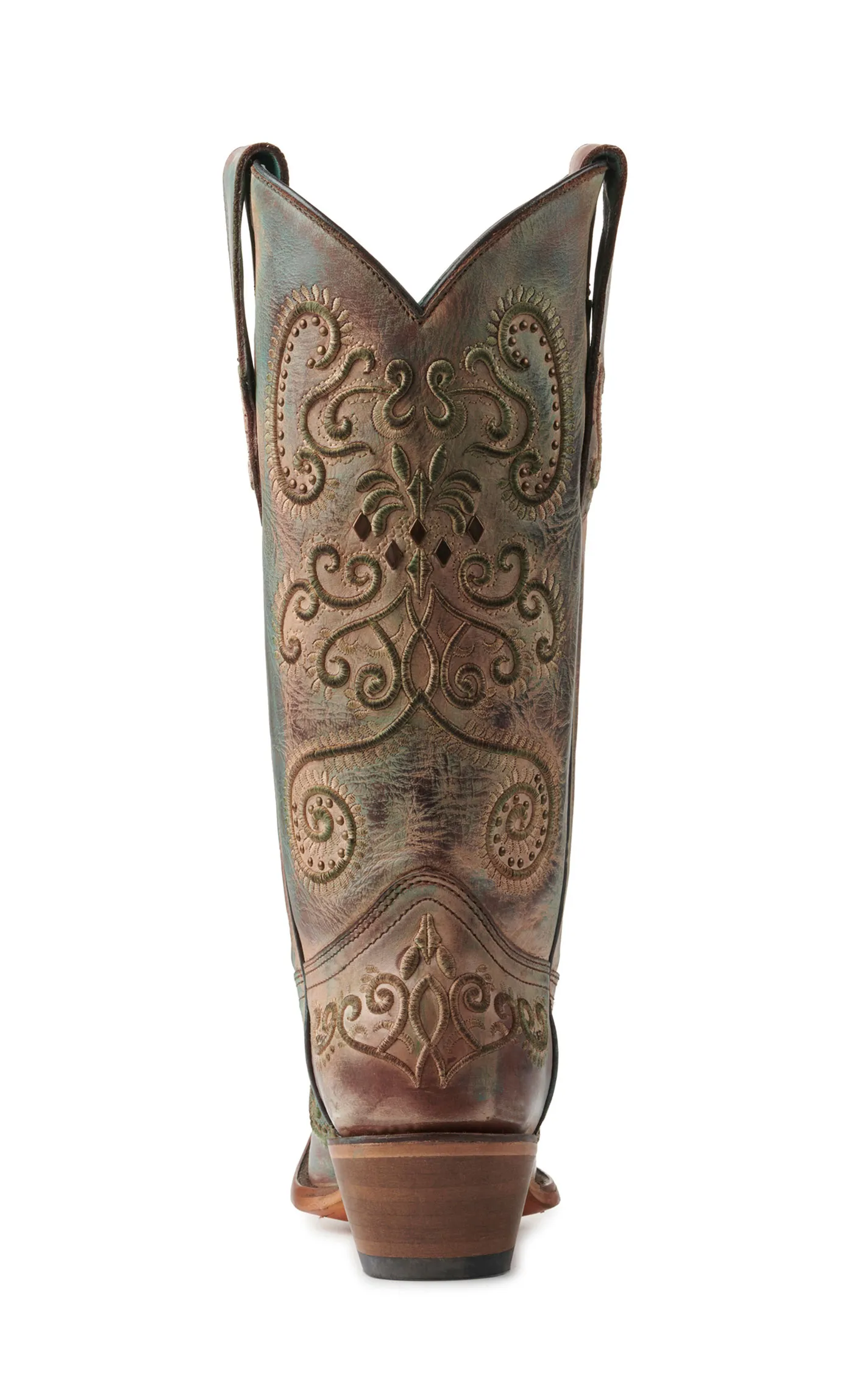 Corral Women's Turquoise and Brown with Swirl Embroidery Snip Toe Cowboy Boots