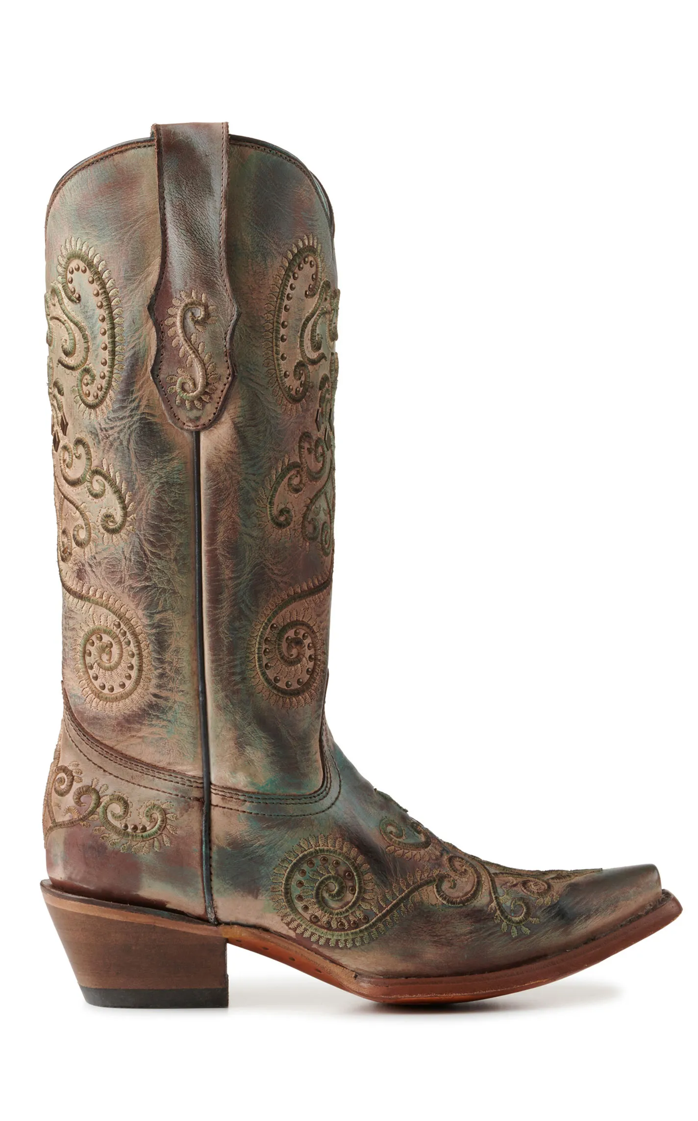 Corral Women's Turquoise and Brown with Swirl Embroidery Snip Toe Cowboy Boots