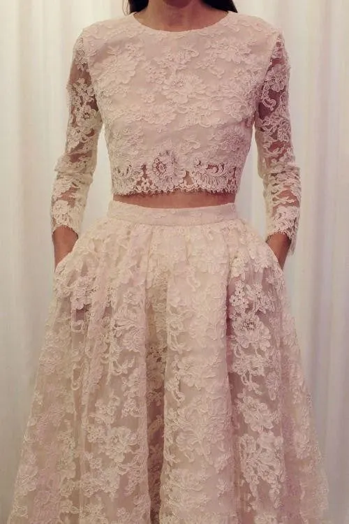 Elegant Lace Long Sleeves Modest Two Piece Bridal Separates with Pockets