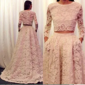 Elegant Lace Long Sleeves Modest Two Piece Bridal Separates with Pockets