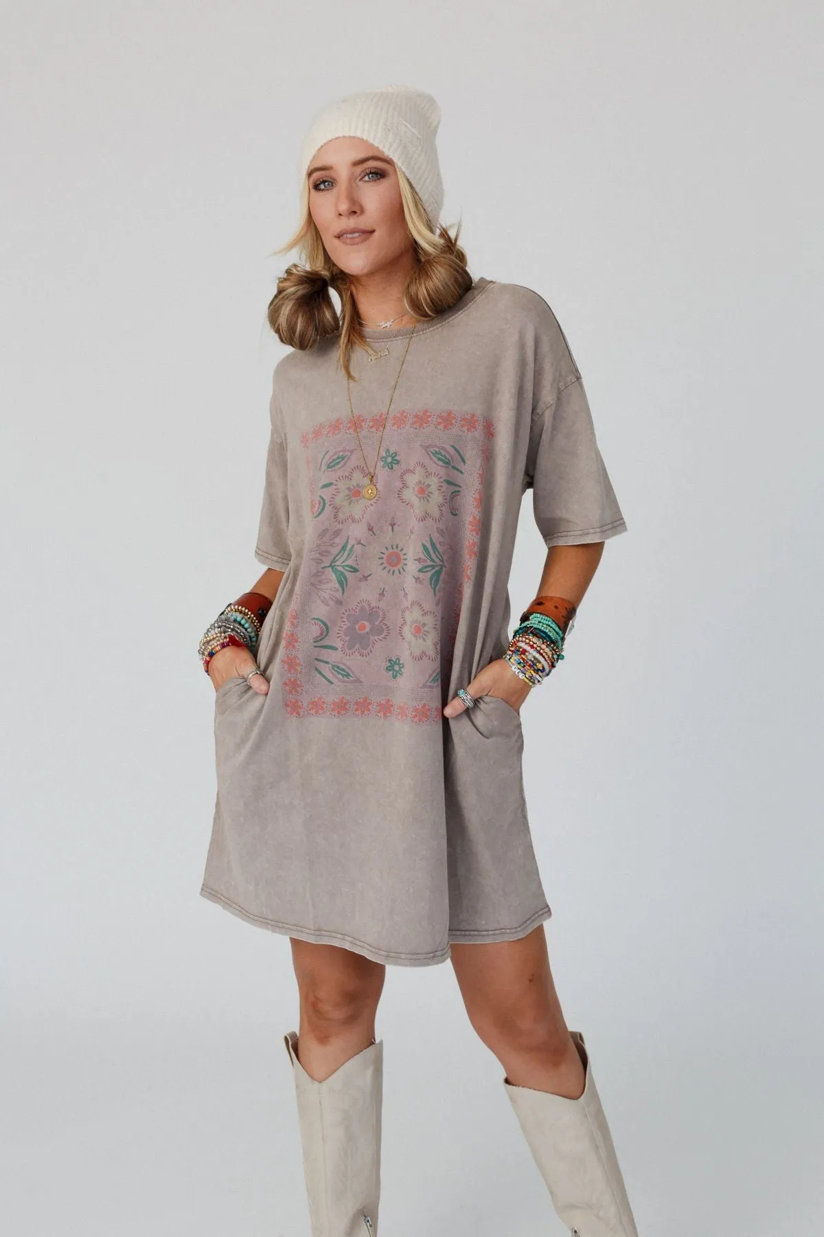 Fall Blossoms Tee Dress - Mocha