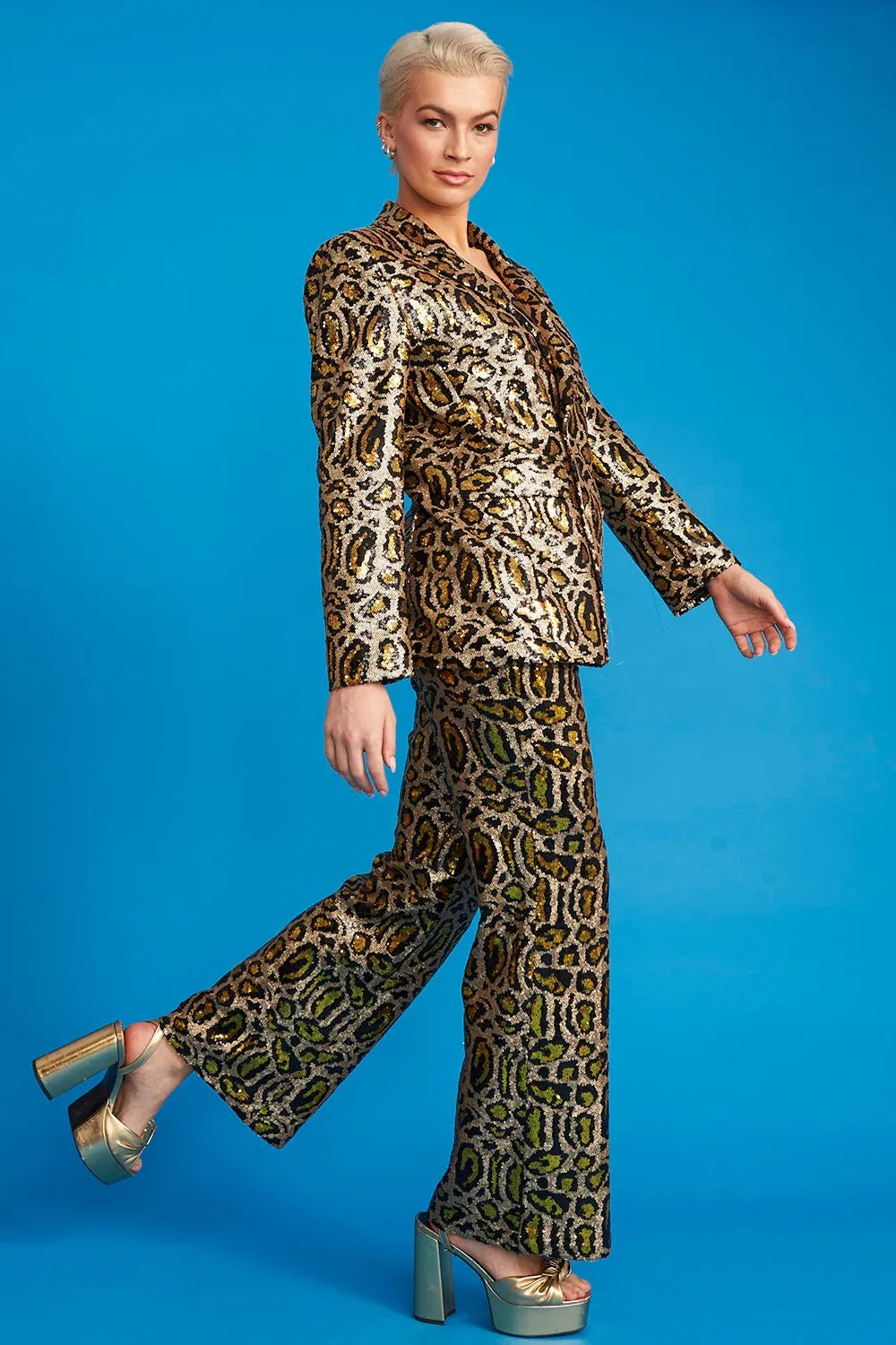 Gold Bamboo Animal Print Sequin Trousers