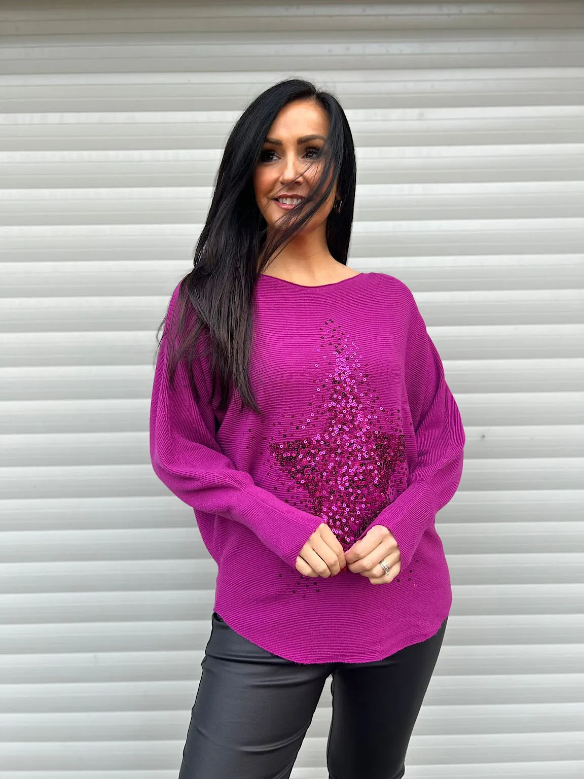 Grape Ribbed Sequin Star Knit Hannah