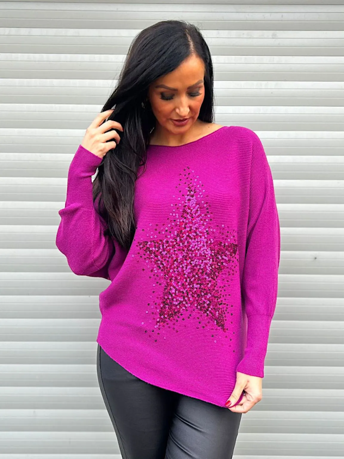 Grape Ribbed Sequin Star Knit Hannah