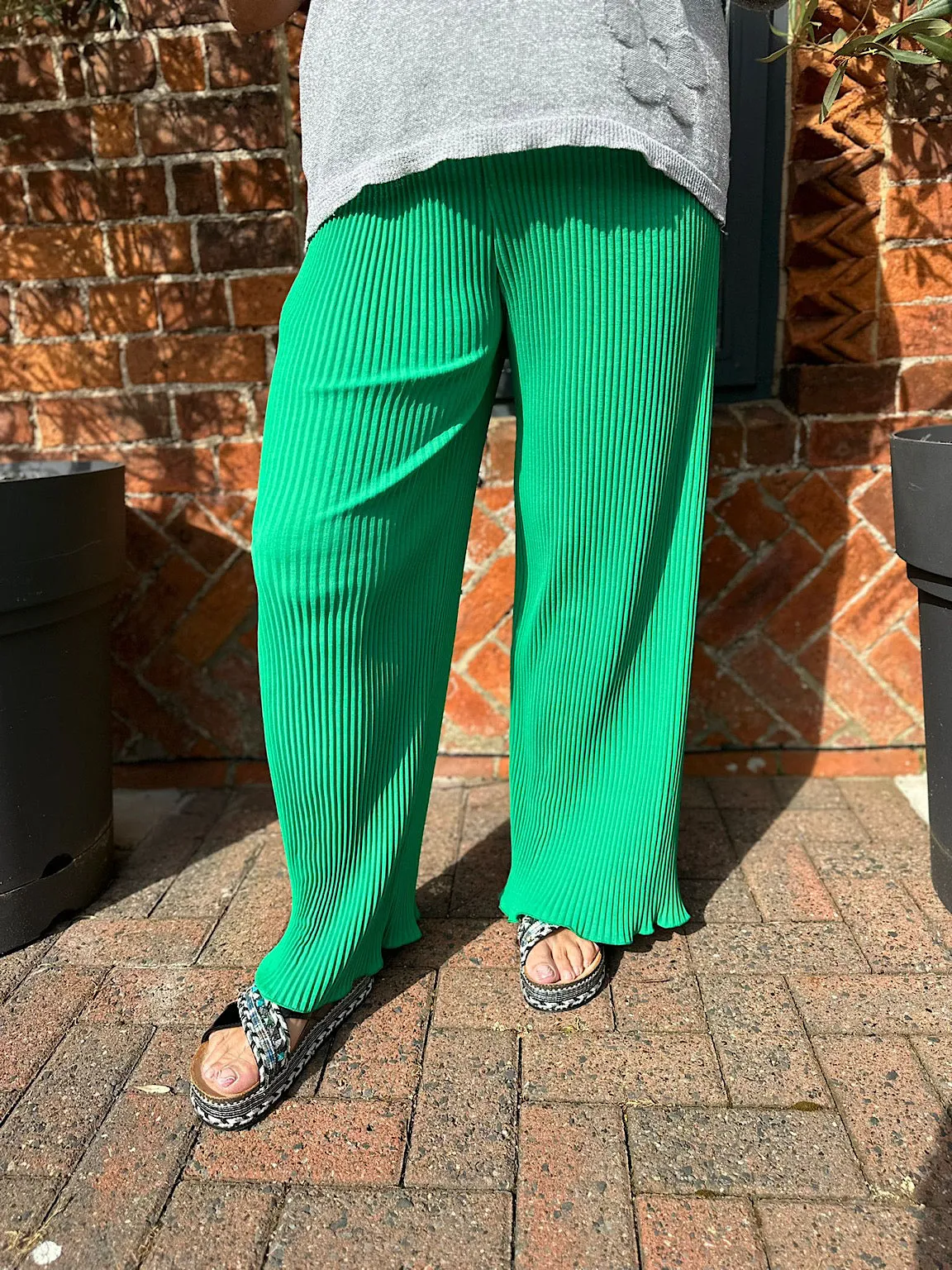 Green Pleated Wide Leg Ruffle Trousers