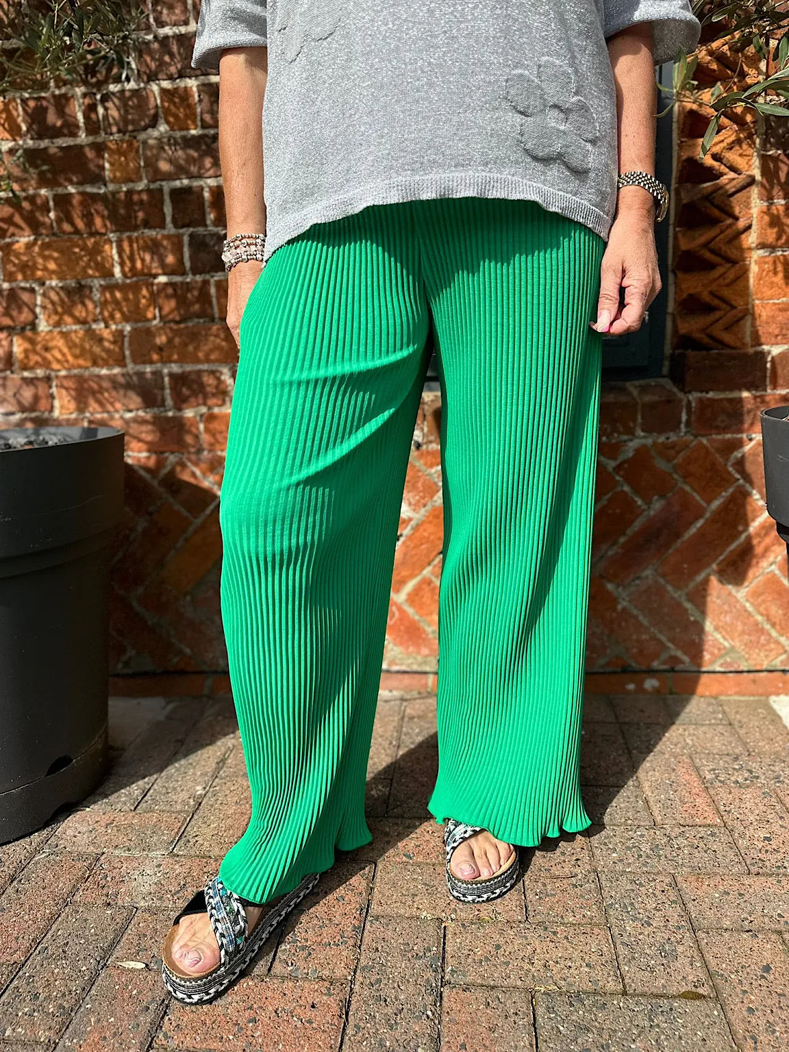 Green Pleated Wide Leg Ruffle Trousers