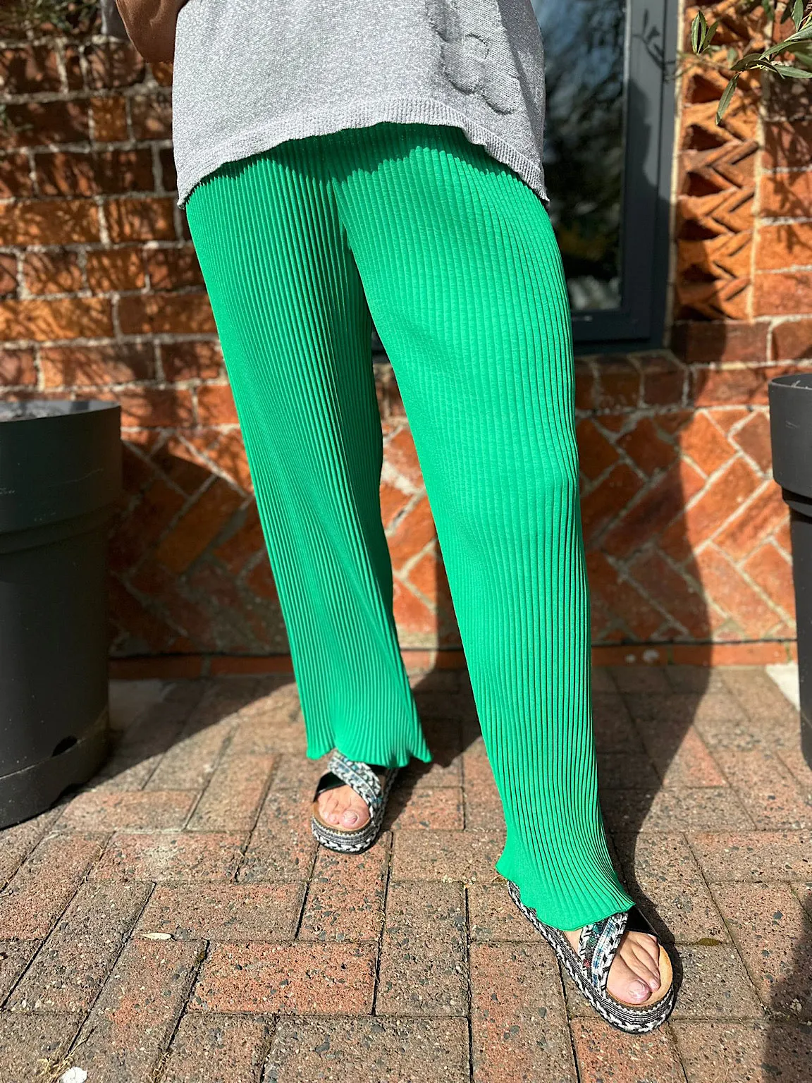 Green Pleated Wide Leg Ruffle Trousers