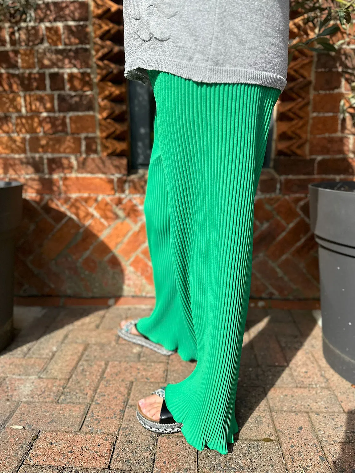 Green Pleated Wide Leg Ruffle Trousers