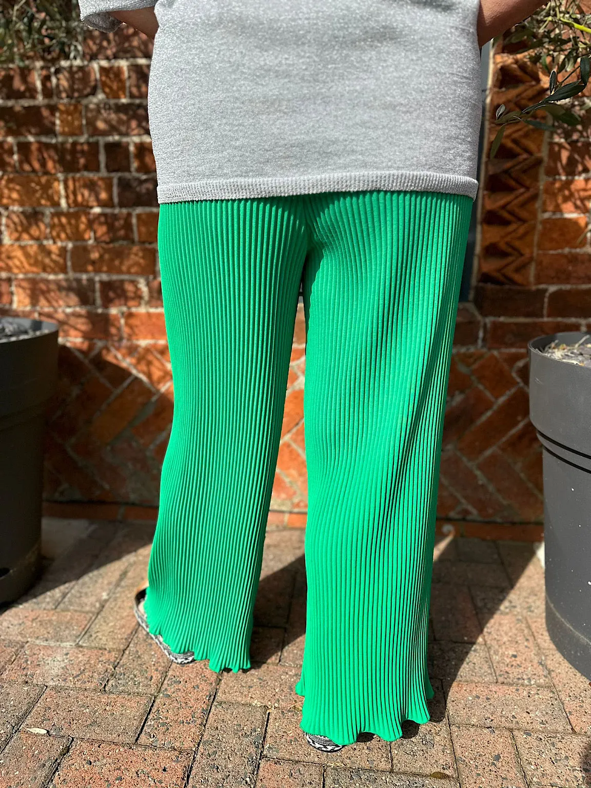 Green Pleated Wide Leg Ruffle Trousers