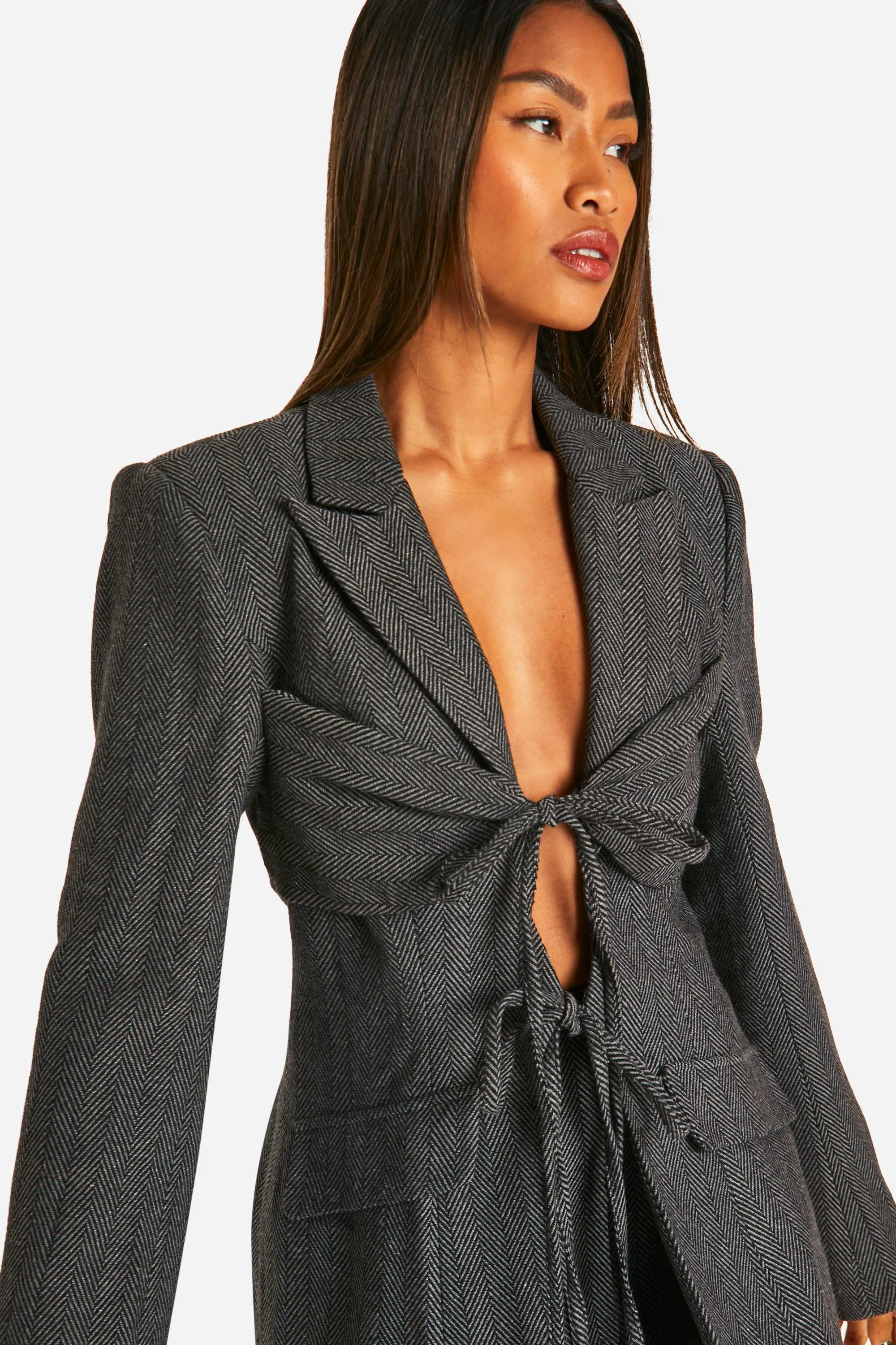 Herringbone Tie Front Fitted Blazer