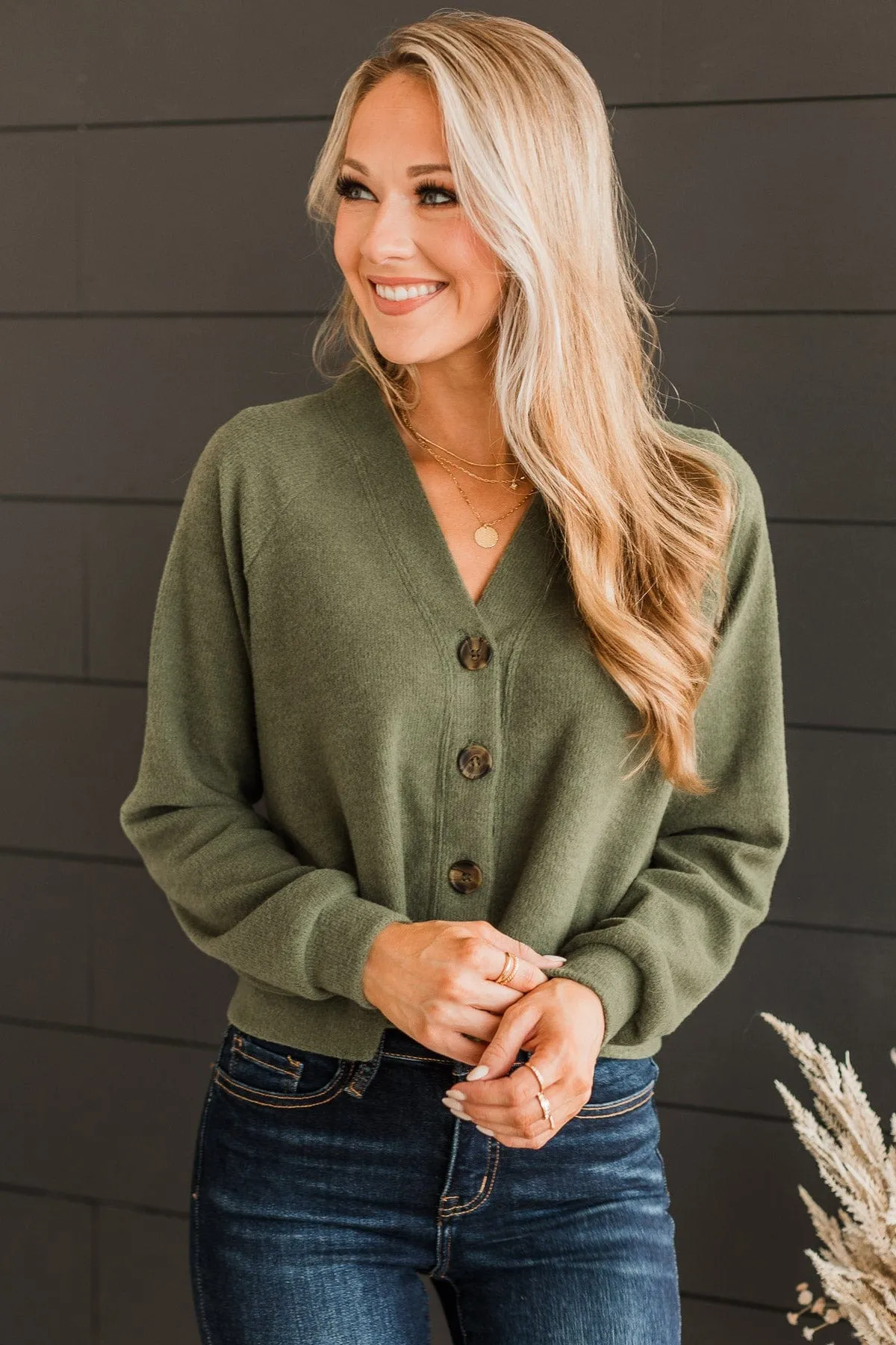 Highest Standards Button Cardigan- Olive