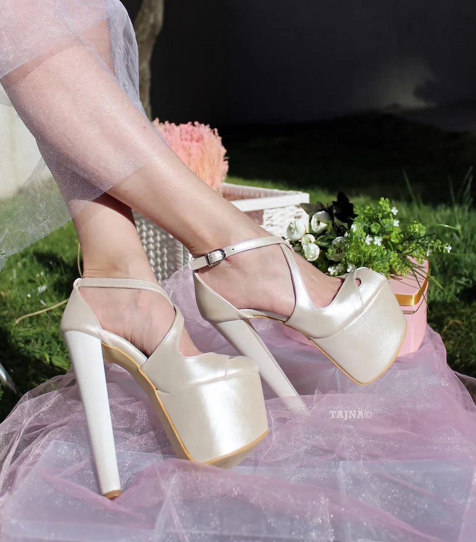 Ivory White Strap High Heel Platform Bride Shoes