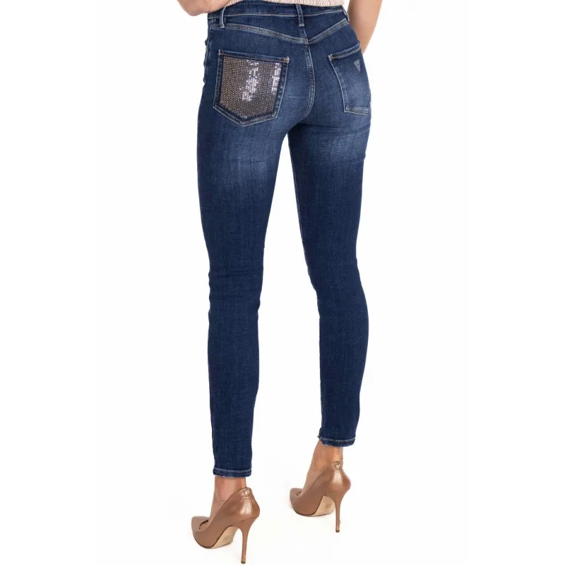 JEANS SKINNY VITA ALTA CON PAILETTES, BLU