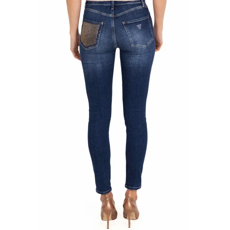 JEANS SKINNY VITA ALTA CON PAILETTES, BLU