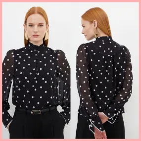 Karen Millen  |Dots Casual Style Long Sleeves Puff Sleeves Front Button